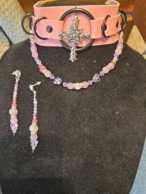 Pink Beaded Cross Choker Necklace and Earrings Set